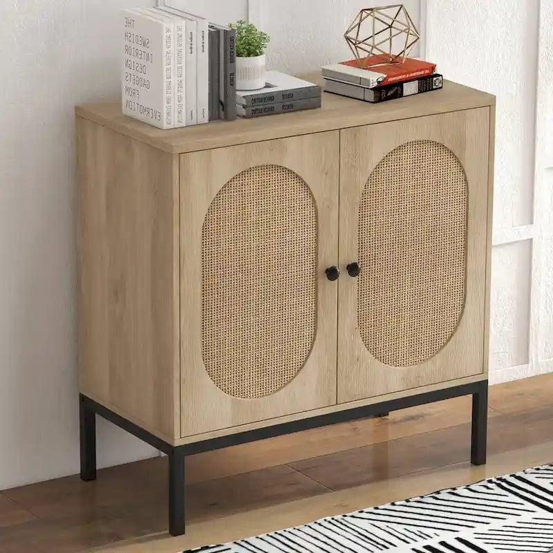 Meuble de rangement beige en rotin avec portes et étagères - N/A