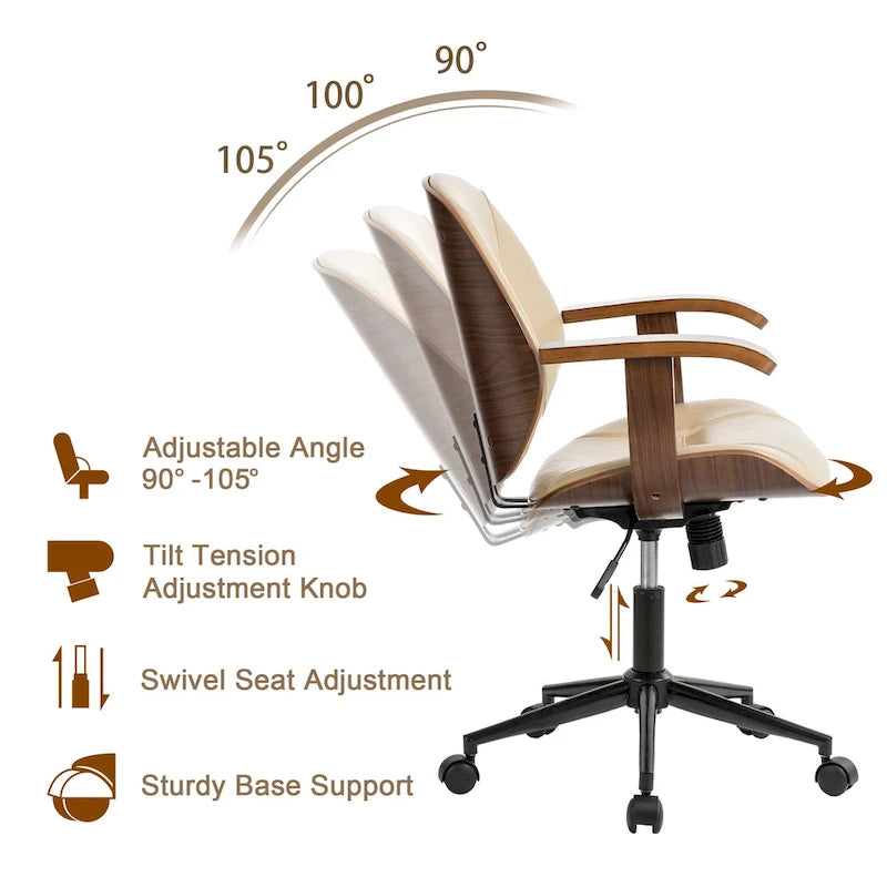 Chaise de bureau pivotante réglable en similicuir avec accoudoirs, design ergonomique