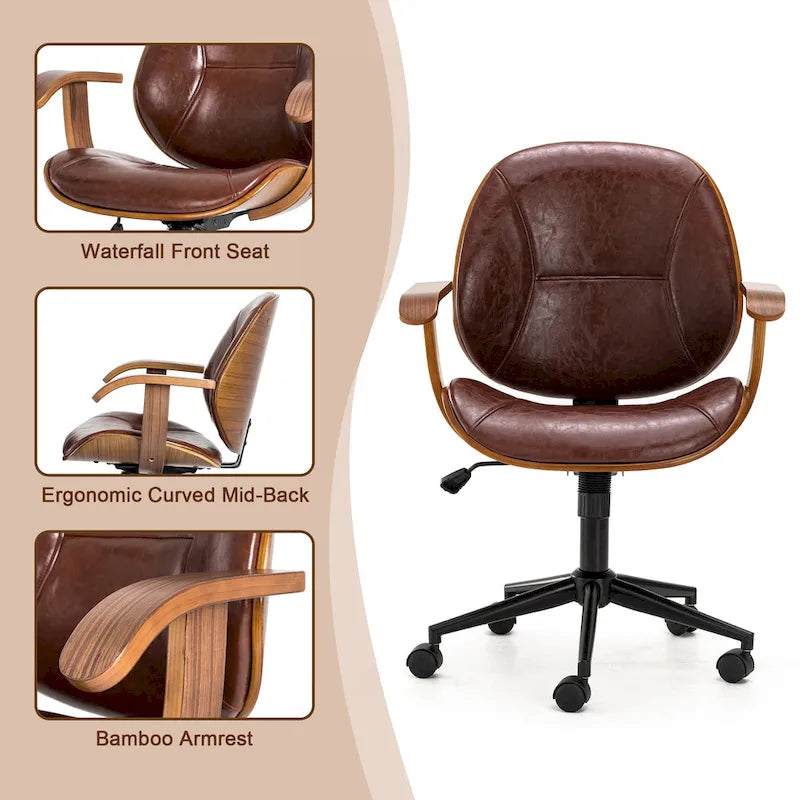 Chaise de bureau pivotante réglable en similicuir avec accoudoirs, design ergonomique