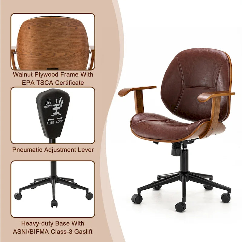 Chaise de bureau pivotante réglable en similicuir avec accoudoirs, design ergonomique