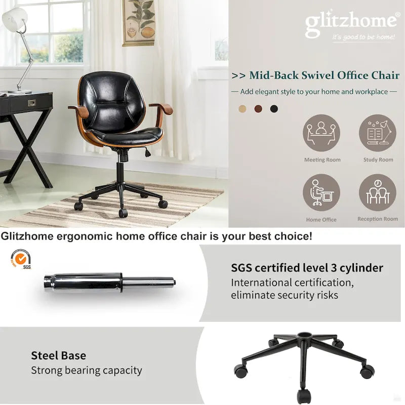 Chaise de bureau pivotante réglable en similicuir avec accoudoirs, design ergonomique