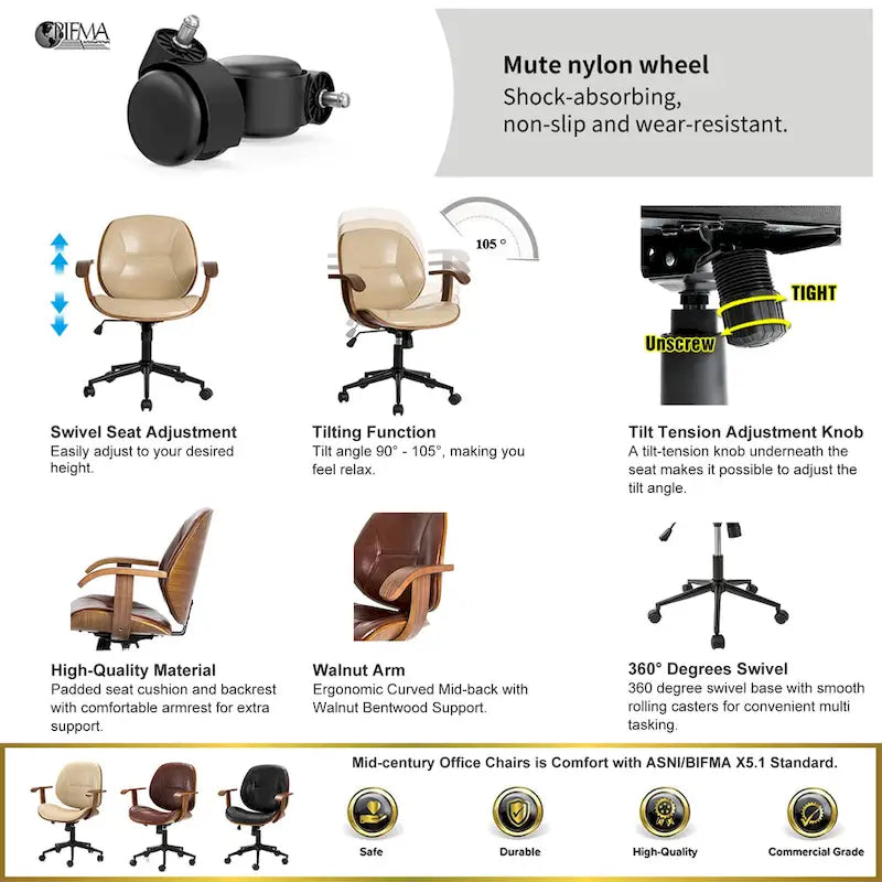 Chaise de bureau pivotante réglable en similicuir avec accoudoirs, design ergonomique
