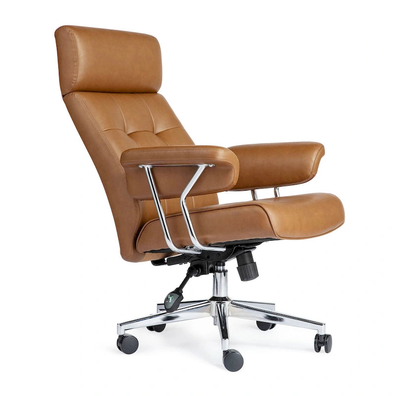 Fauteuil de bureau pivotant moderne du milieu du siècle, avec accoudoirs, en similicuir marron, réglable en hauteur par vérin à gaz